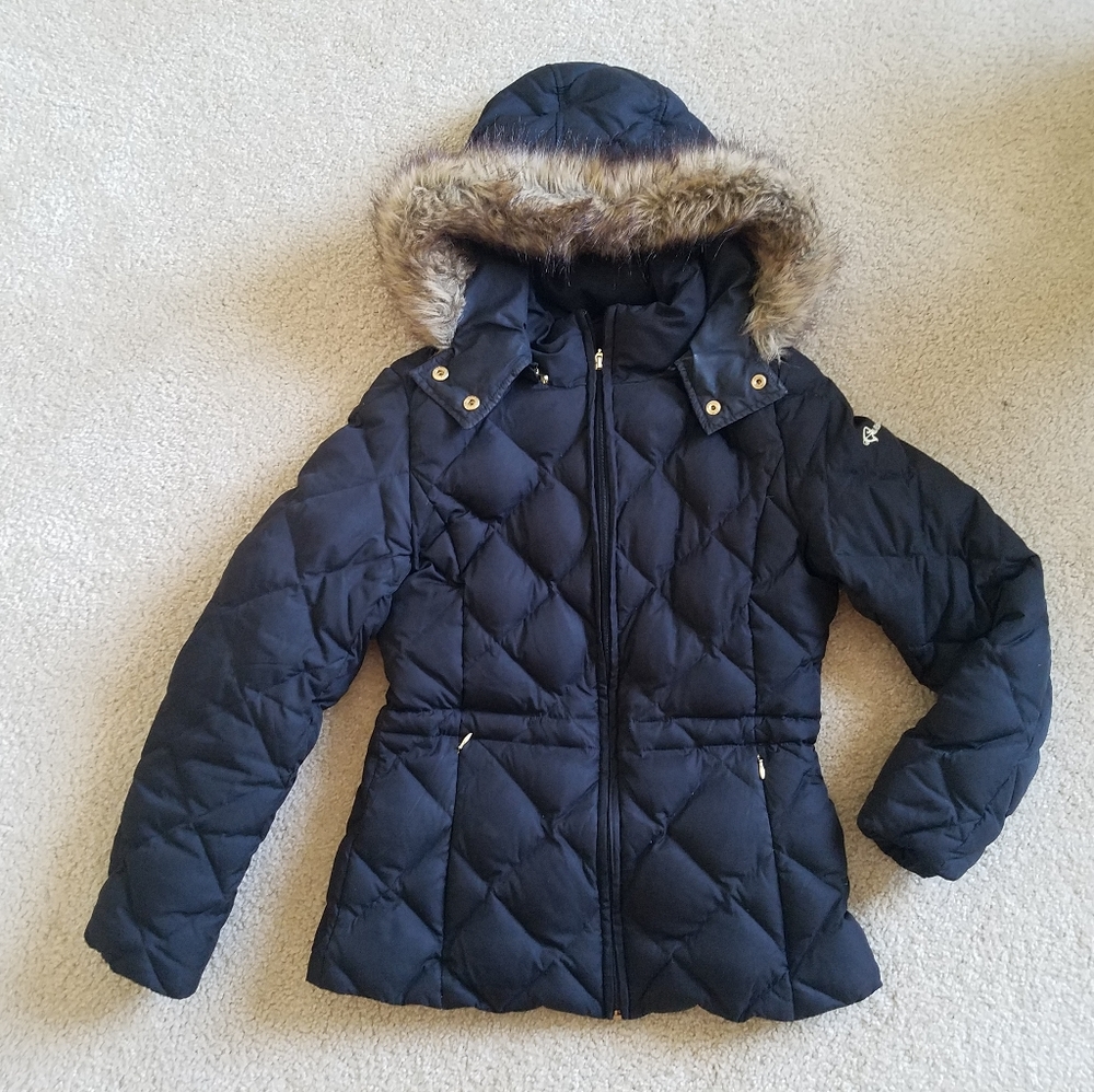 Guess black quilted faux hood puffer jacket size s